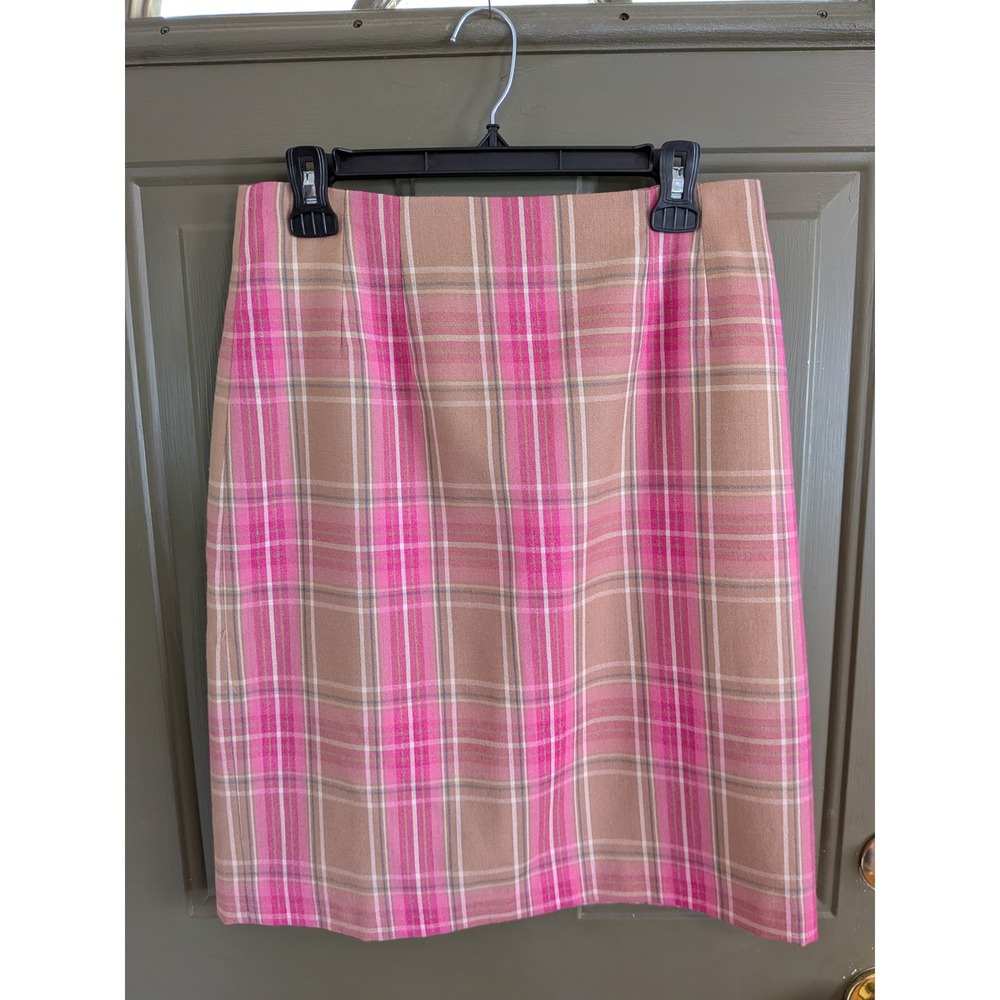 Vintage JG Hook Pink Tan Tartan Plaid‎ Wool Pencil Skirt Size 10